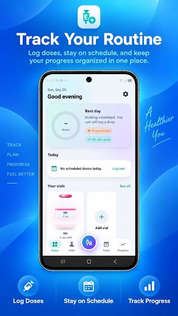 PepVault home screen showing today's scheduled doses, a streak counter and the vial shelf
