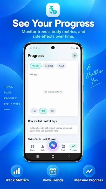 PepVault progress screen with weight, body fat and waist charts, check-ins and side effects
