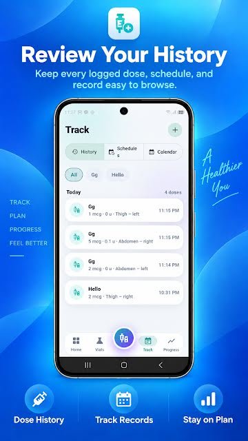 PepVault history screen listing logged doses with amount, units, injection site and time